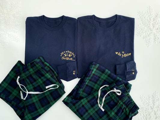 Matching Christmas Couples Pyjamas: Tartan Flannel, Personalized Initials