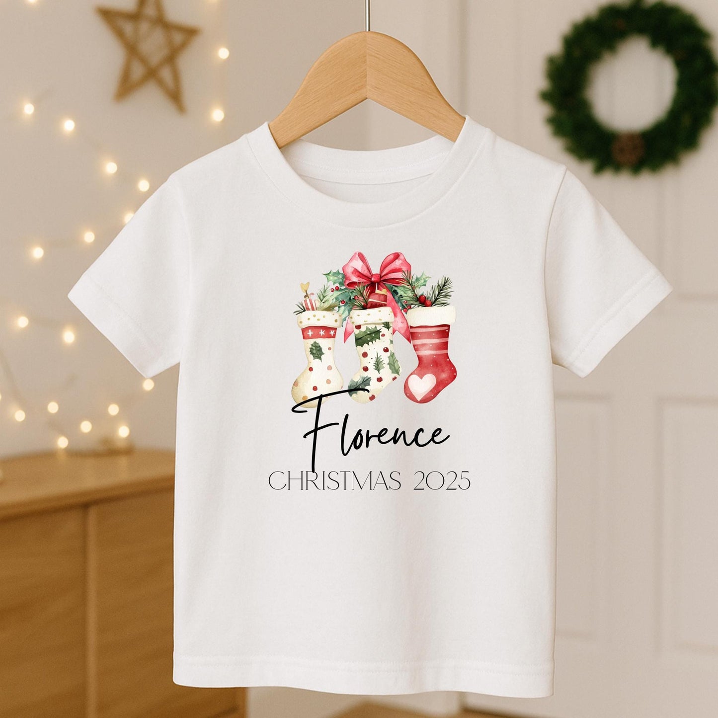 Personalized Christmas Jumper, Kids Xmas Sweater, Red Bow & Stocking