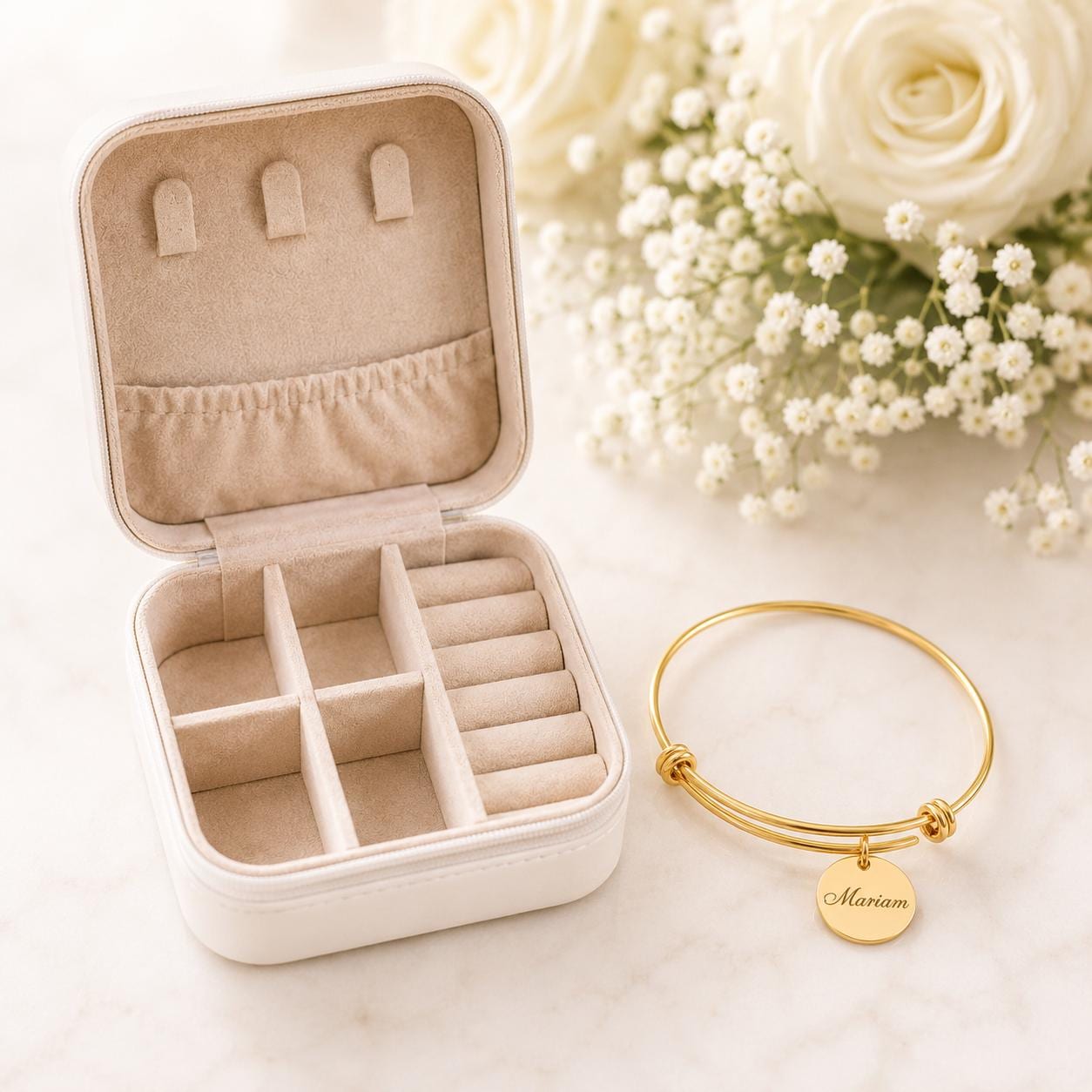 Personalized Bridesmaid Gift Set, Engraved Name Bracelet, Travel Jewelry Box