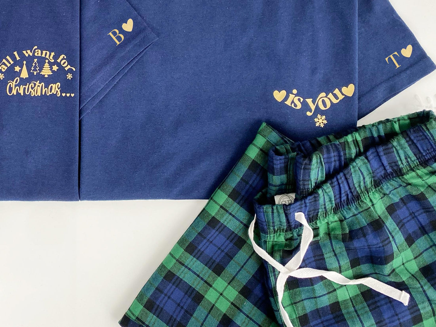 Couples Christmas Pyjamas: Initial Sleeve, Tartan Flannel Bottoms