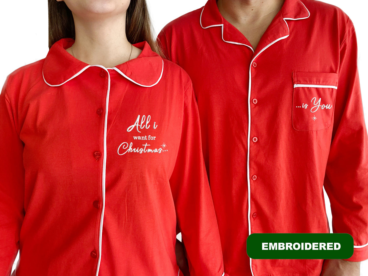 Matching Couple Christmas Pajamas Set: Embroidered Cotton Sleepwear