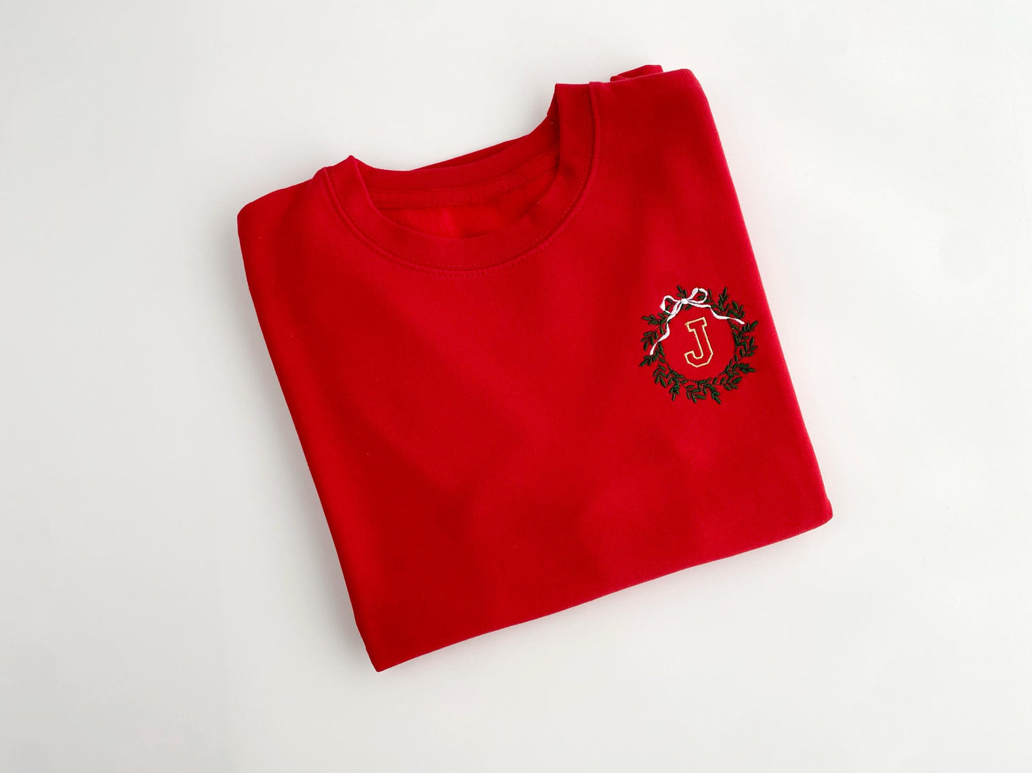 Personalized Kids Christmas Sweatshirt: Embroidered Initial Wreath
