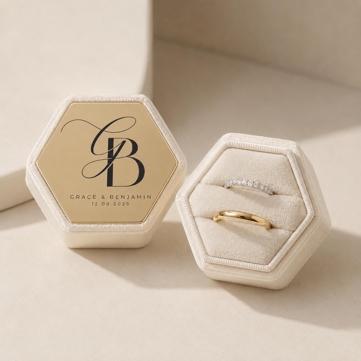 Wedding Ring Box with Custom Monogram | Bespoke Wedding Logo Service | Velvet Hexagon Band holder