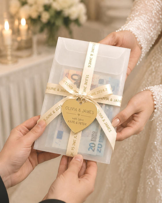 Personalised Wedding Money Envelope | Cash Wallet, Engraved Heart, Ribbon Detail