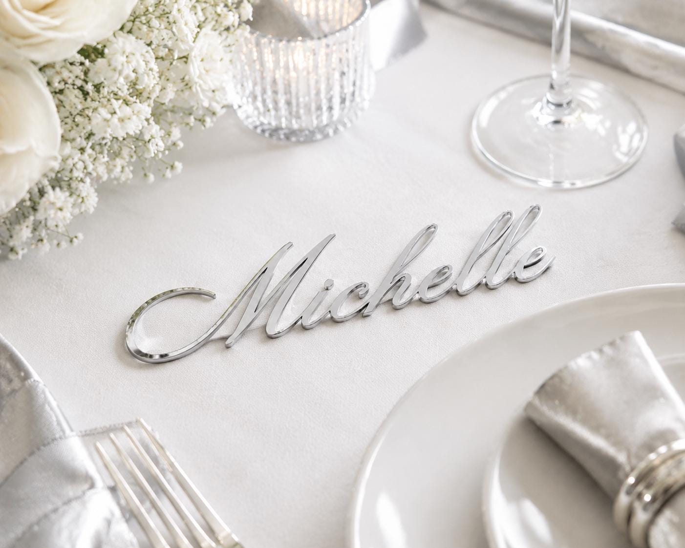 Personalized Acrylic Wedding Name Place Cards, Gold Mirror, Frosted, Black, White Names