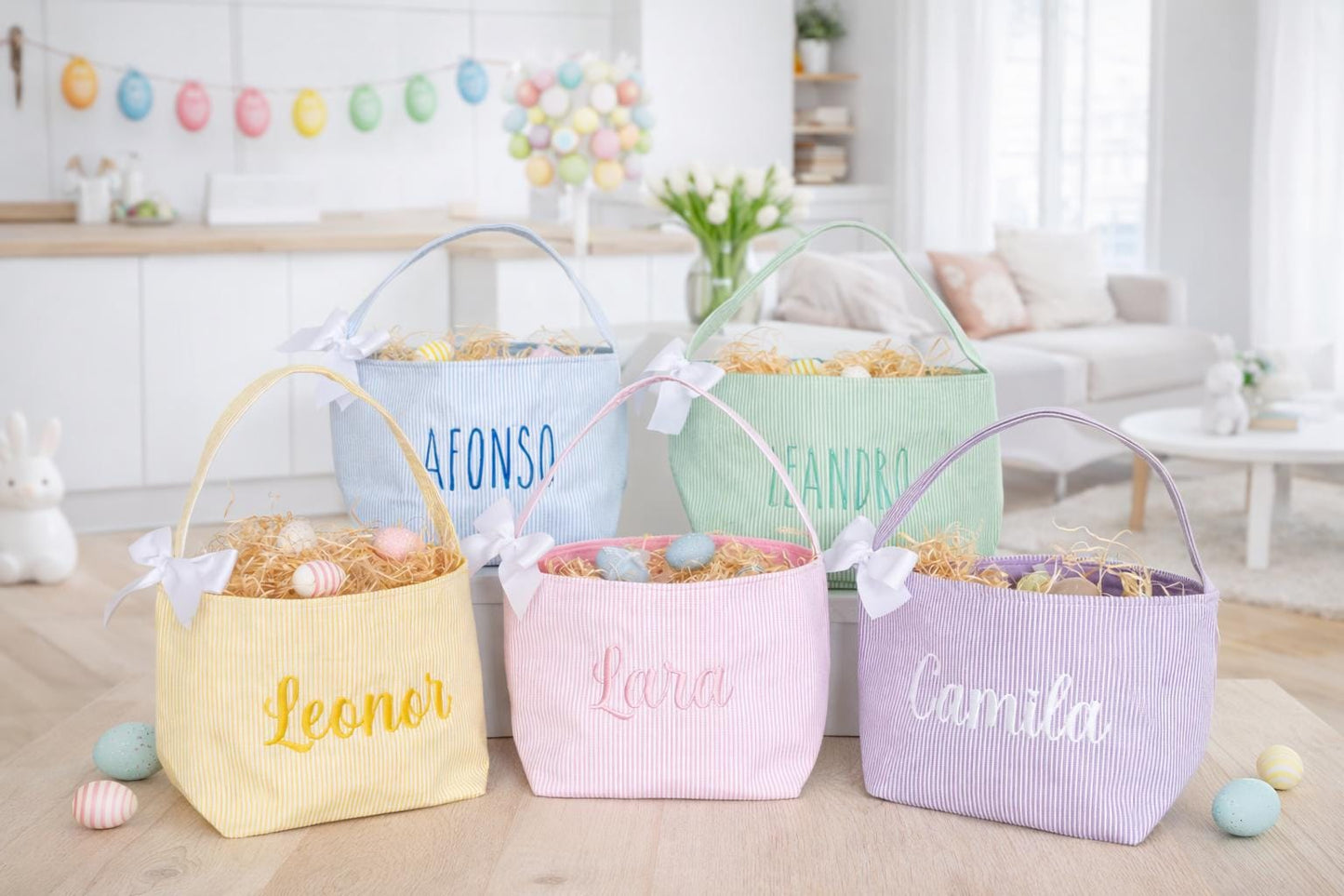 Personalized Kids Easter Basket: Embroidered Seersucker Fabric