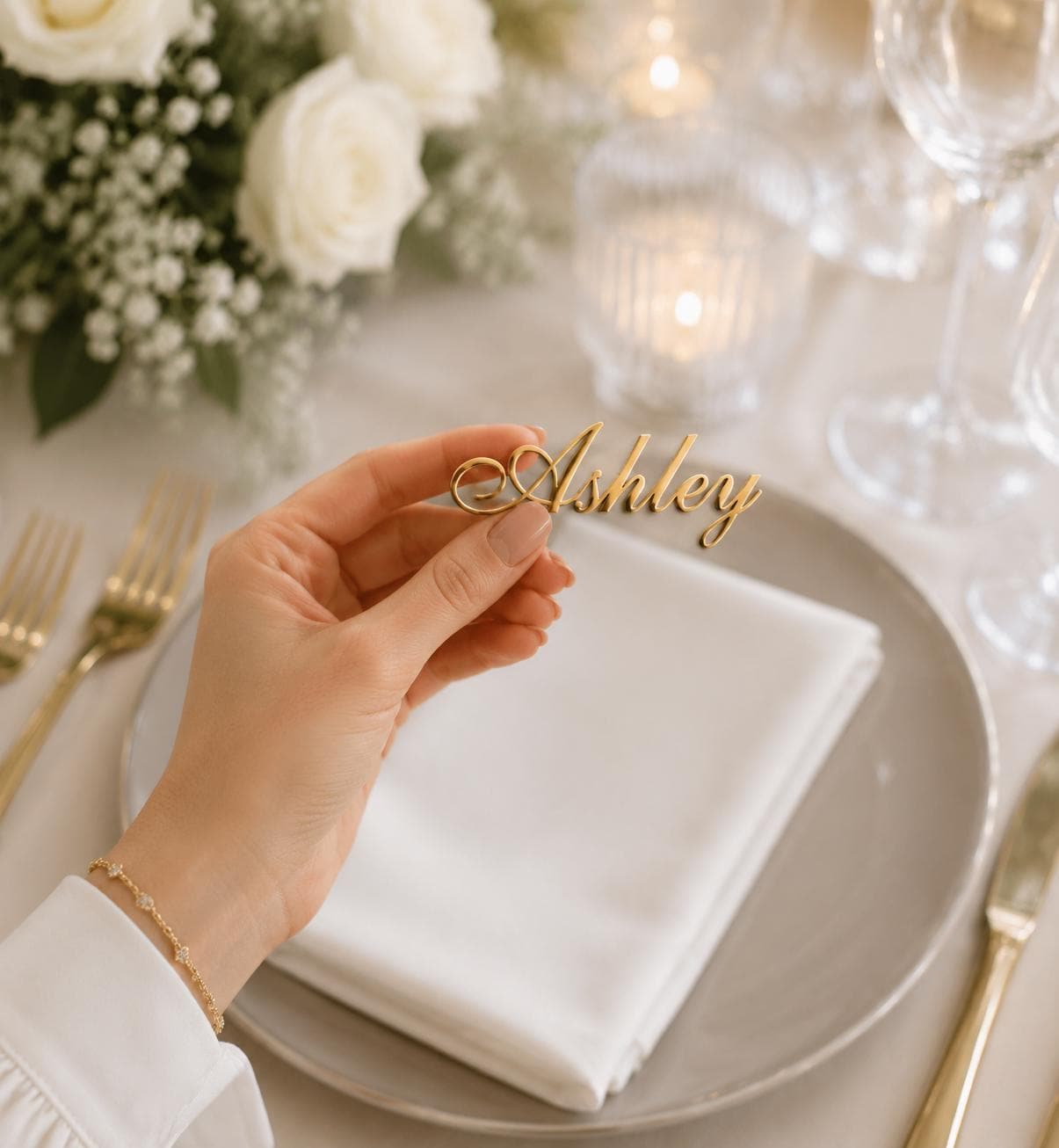Personalized Acrylic Wedding Name Place Cards, Gold Mirror, Frosted, Black, White Names