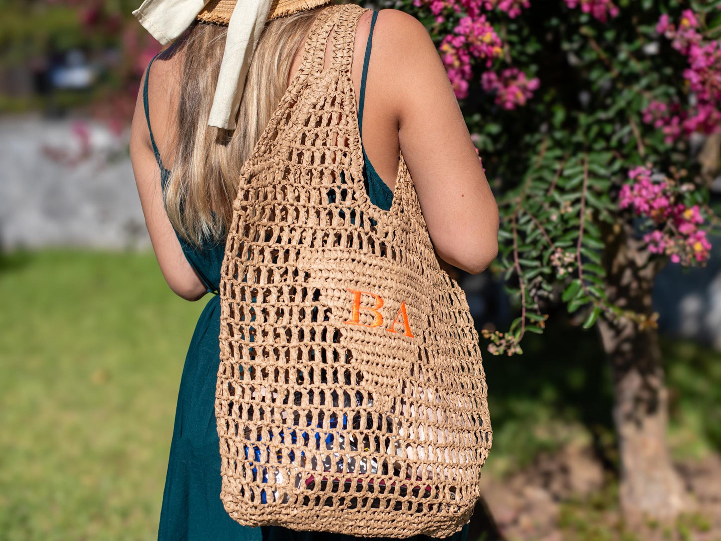 Personalized Raffia Beach Tote: Embroidered Initial Monogram
