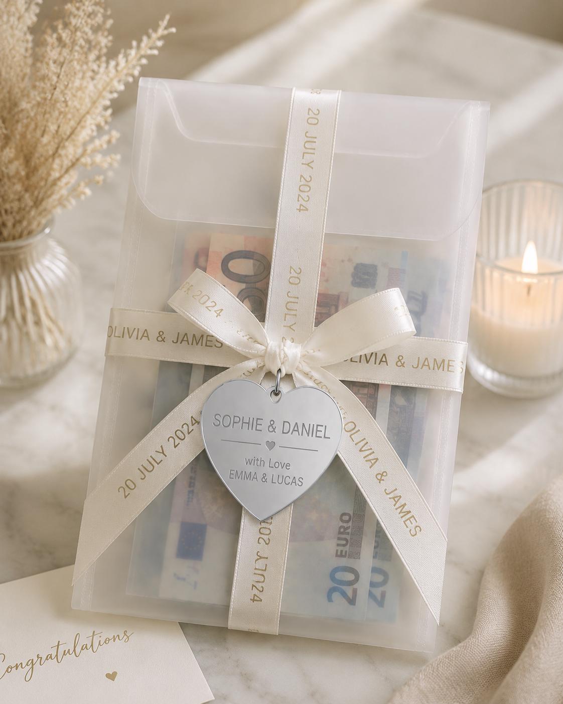 Personalised Wedding Money Envelope | Cash Wallet, Engraved Heart, Ribbon Detail
