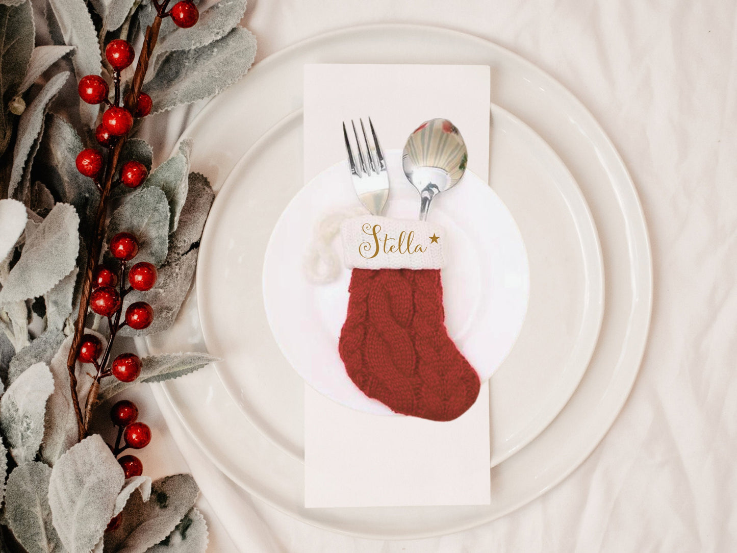 Personalized silver and grey Christmas name Place Setting: Holiday Table Decor