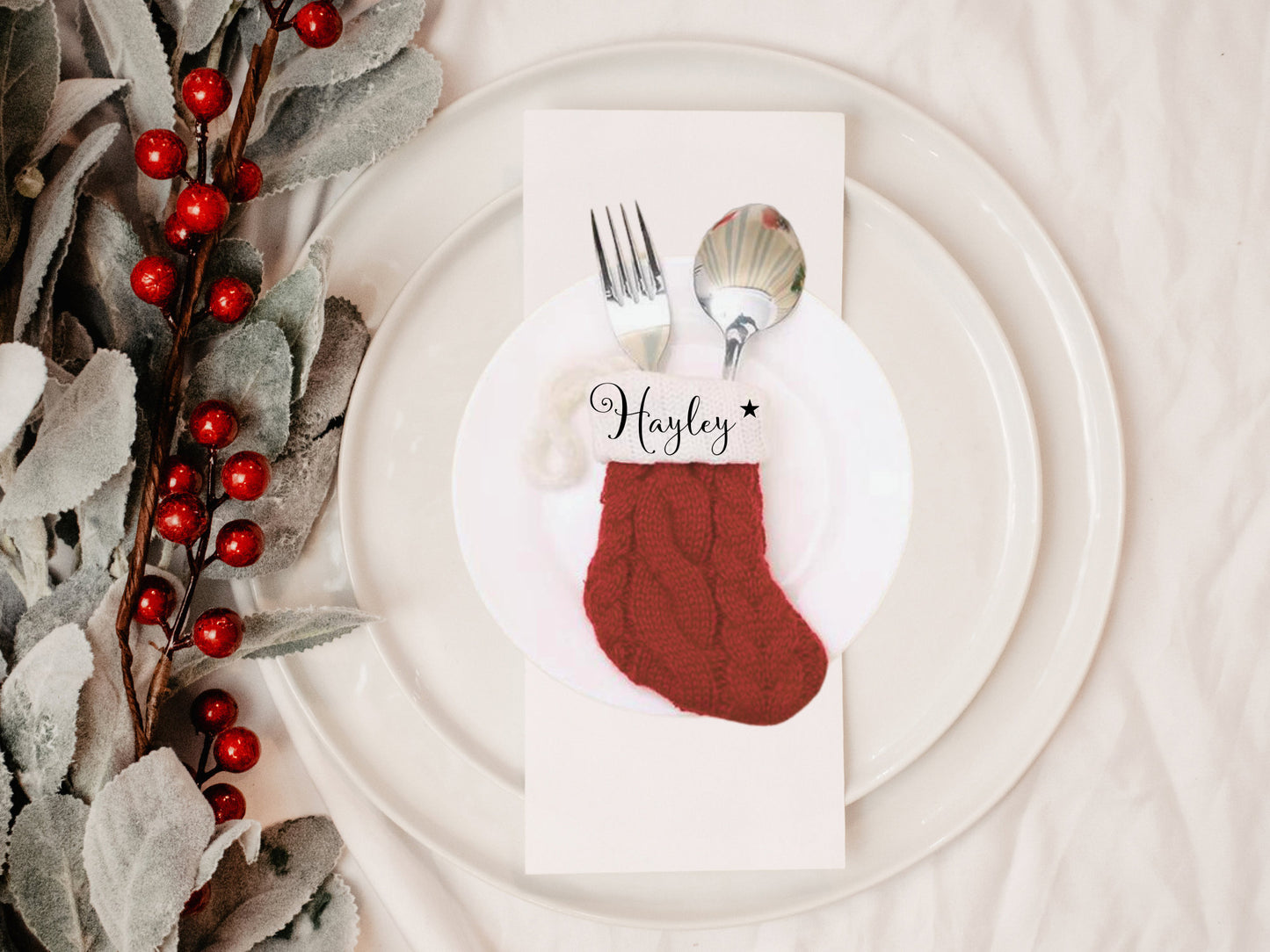 Personalized silver and grey Christmas name Place Setting: Holiday Table Decor