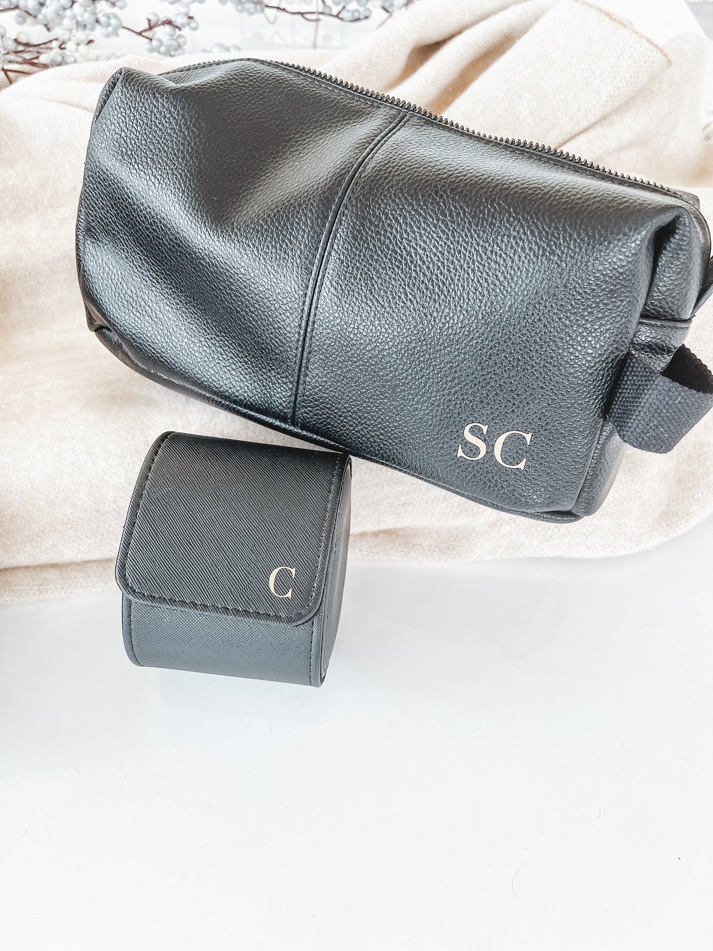 Personalized Faux Leather Men's Toiletry Bag & Watch Box Set