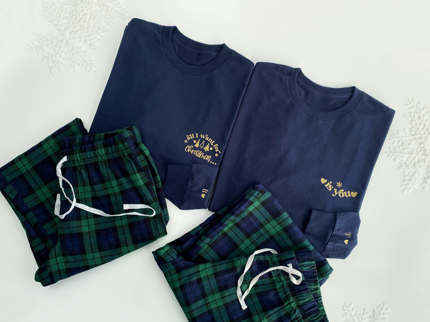 Matching Christmas Couples Pyjamas: Tartan Flannel, Personalized Initials