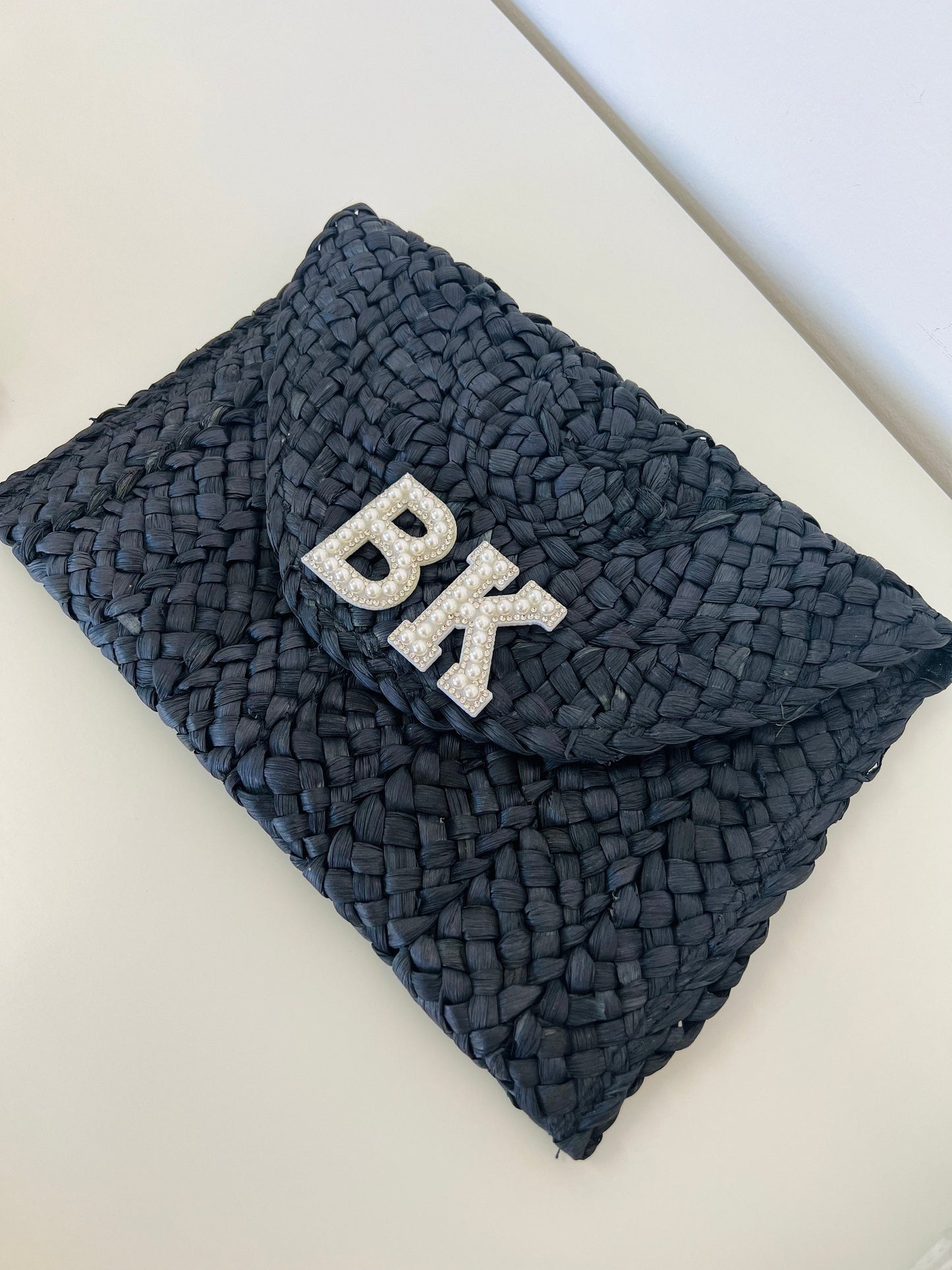 Personalized Straw Clutch | Bridesmaid Gift, Initial Pearl Detail