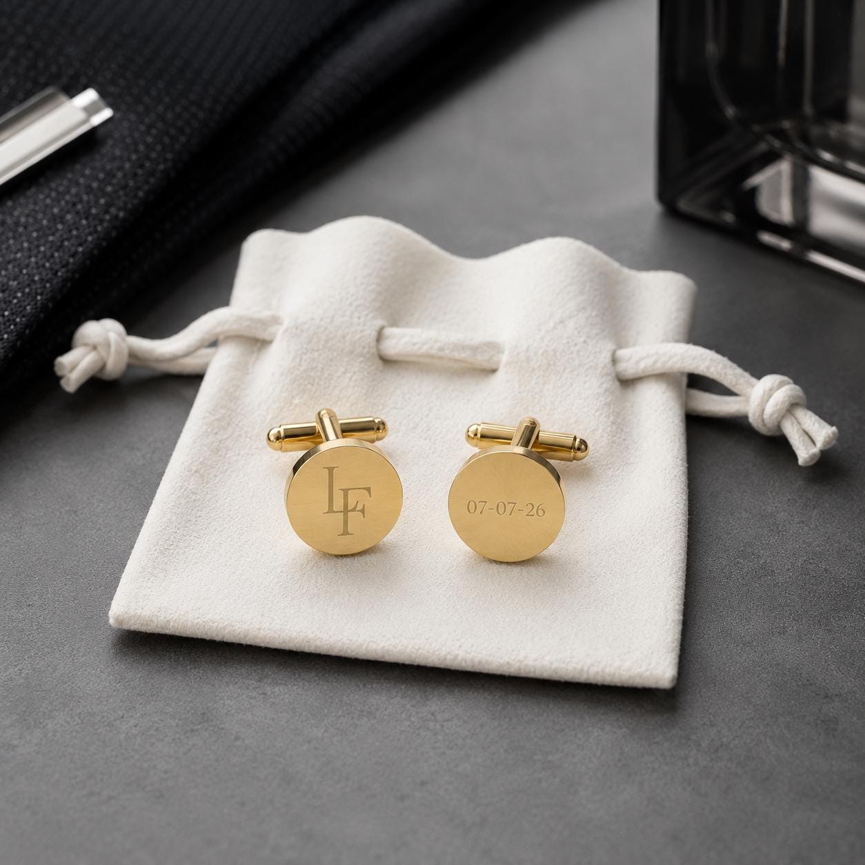 Personalized Monogram Date Cufflinks, Groom Wedding Gift, Stainless Steel (Gold/Silver)