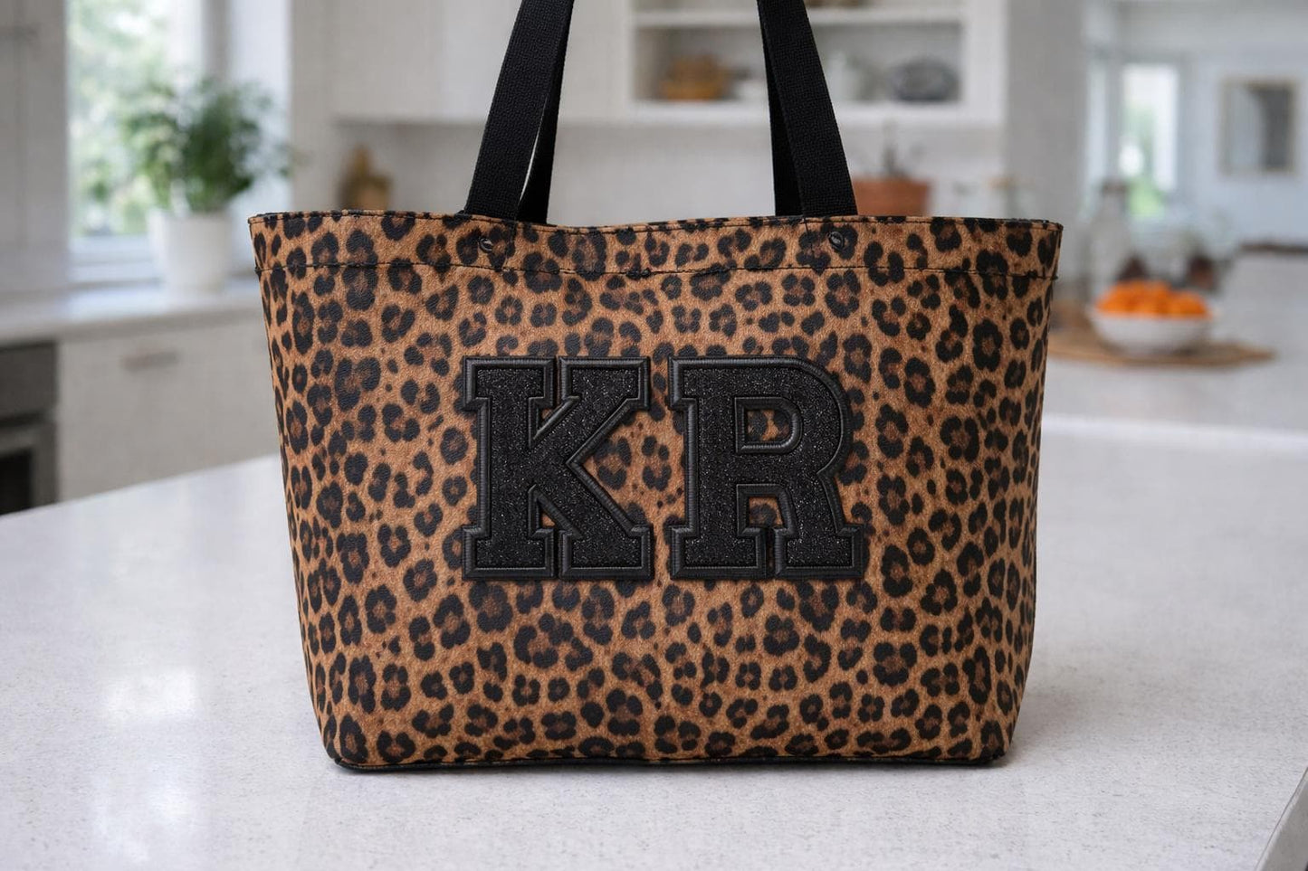 Tote shopper Bag: Personalised, custom, leopard print, glitter Embroidered appliqué initials