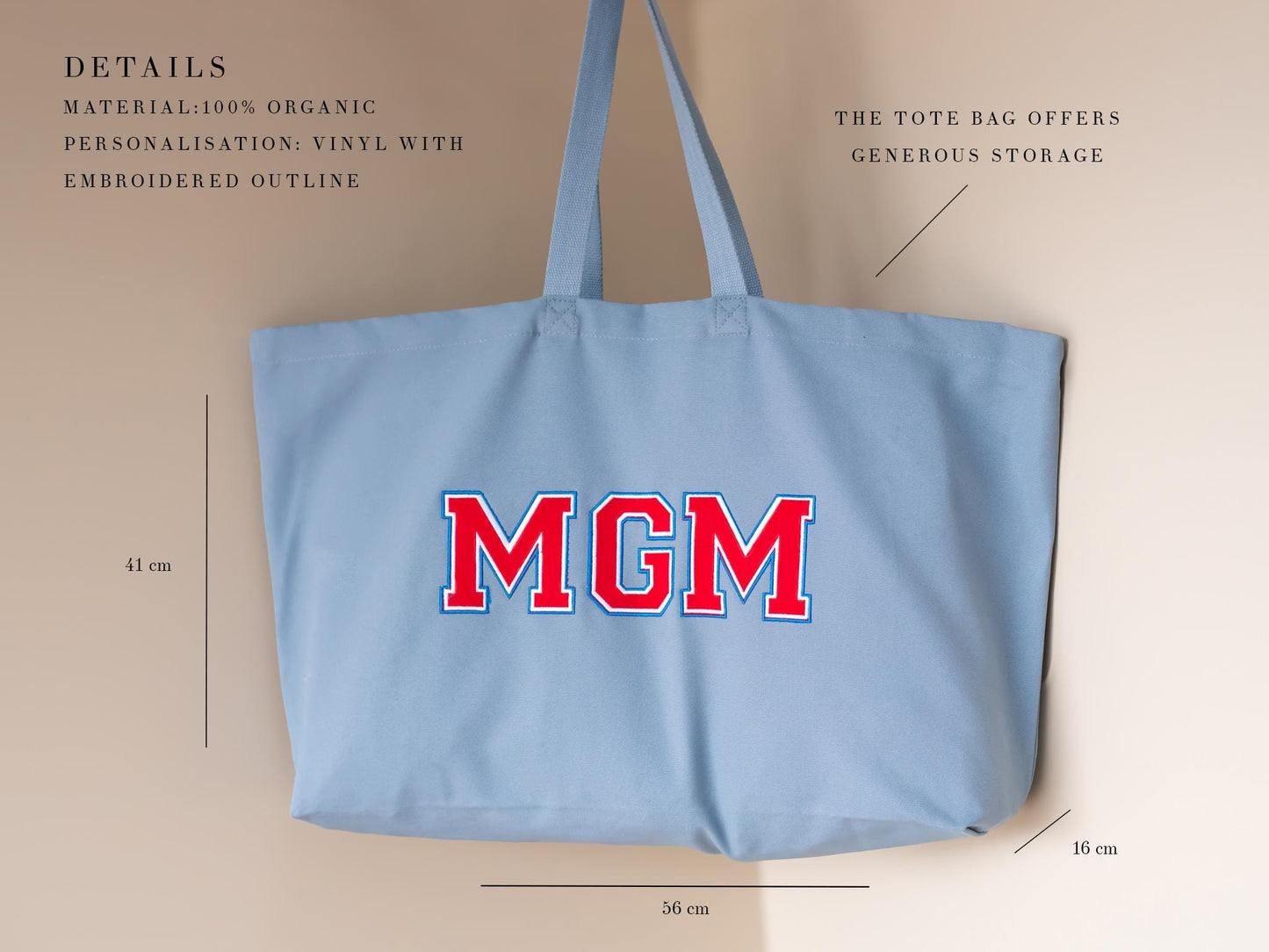 Personalized Organic Cotton Tote Bag: Embroidered Initial Oversized Shopper