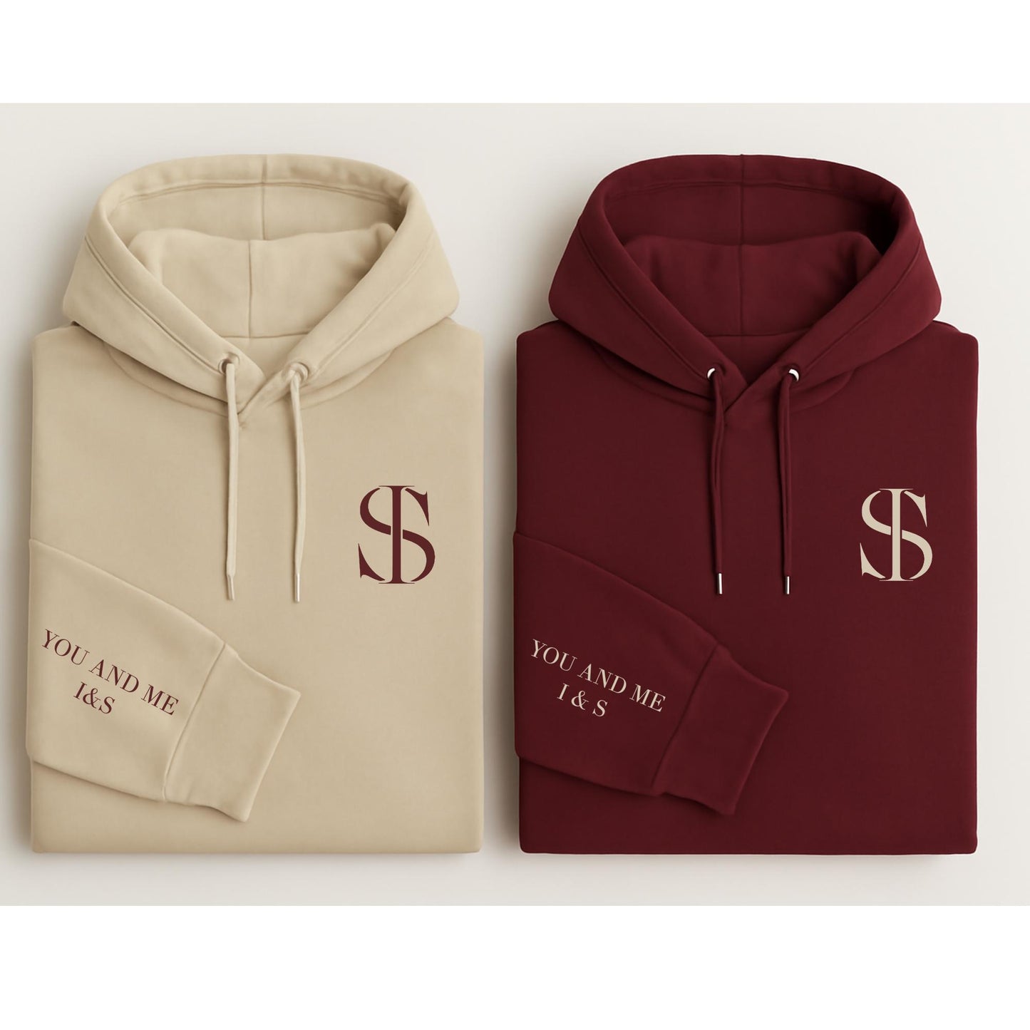 Custom Matching Couple Hoodies with Initials & Sleeve Message | Personalized Monogram Logo Sweatshirts for Couples
