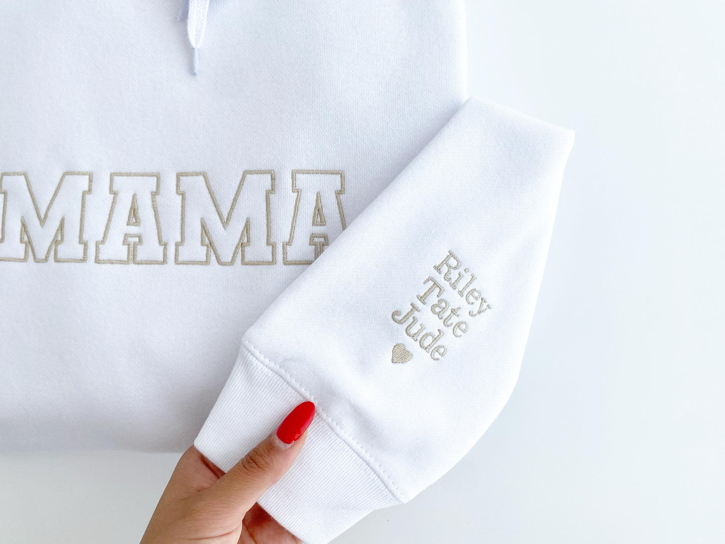 Personalized Mama Sweatshirt, Kid Names on Sleeve, Embroidered Hoodie