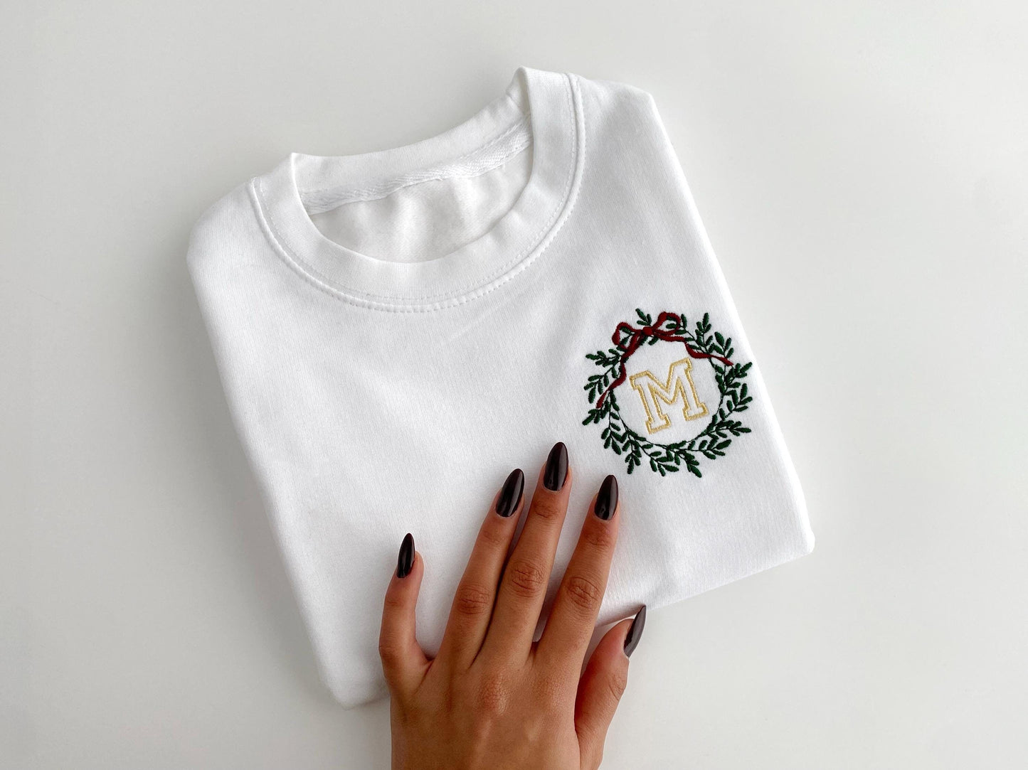 Personalized Kids Christmas Sweatshirt: Embroidered Initial Wreath