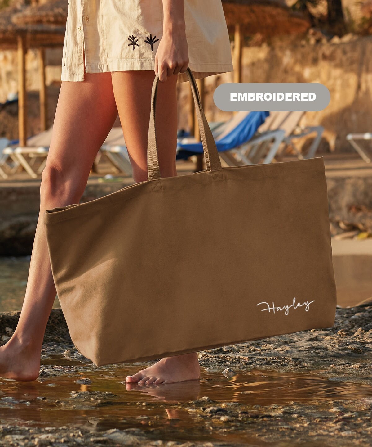 Embroidered Initial Tote Bag: Oversized Organic Cotton Canvas Beach Shopper