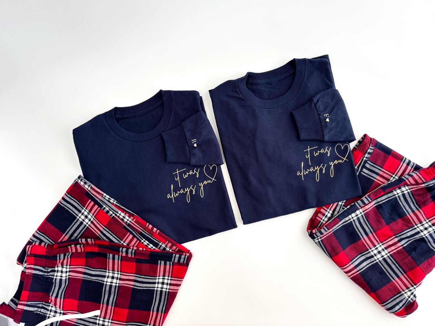 Matching Couples Flannel Pajama Set: Puzzle Piece Design, Initialed Sleeve