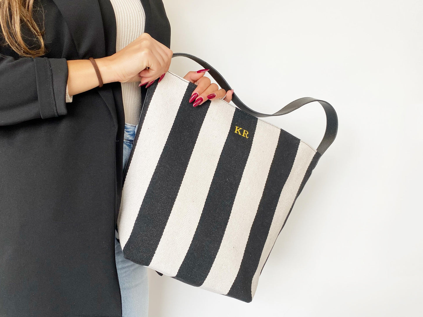 Monogrammed Vegan Leather Tote Bag: Striped Oversize Purse