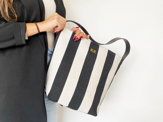 Monogrammed Vegan Leather Tote Bag: Striped Oversize Purse