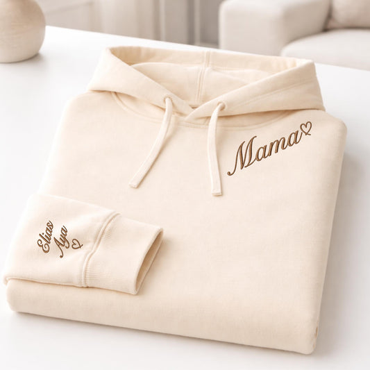 Embroidered Mama Hoodie, Custom Kids Names on Sleeve, Mother's Day Gift