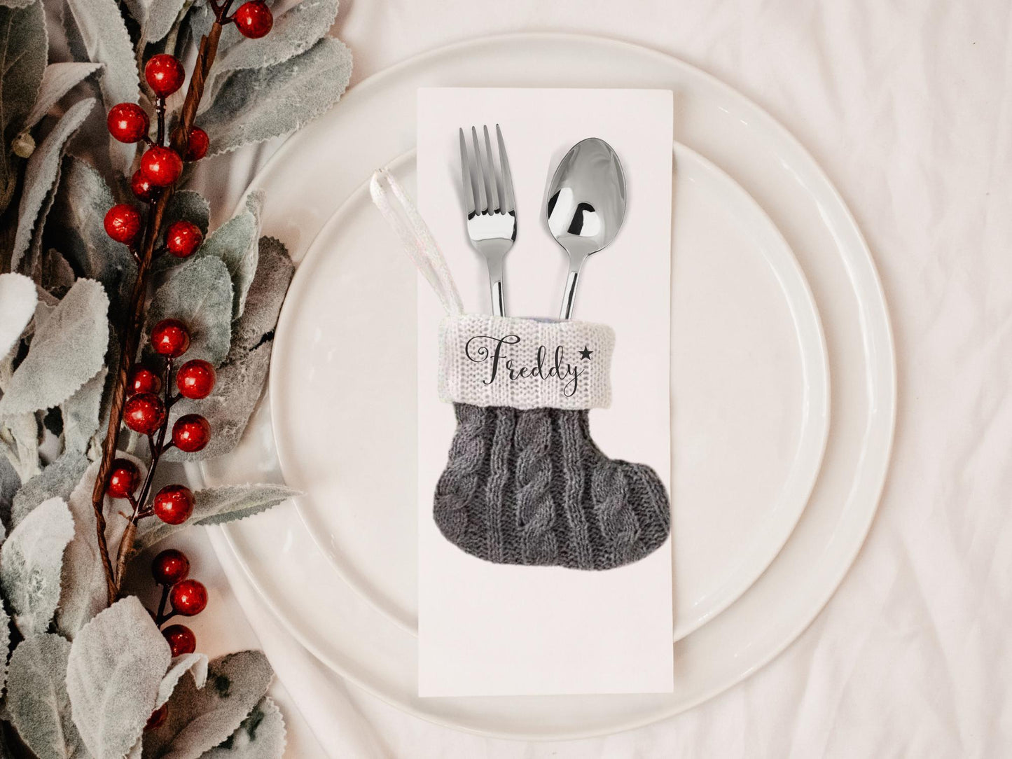 Personalized silver and grey Christmas name Place Setting: Holiday Table Decor