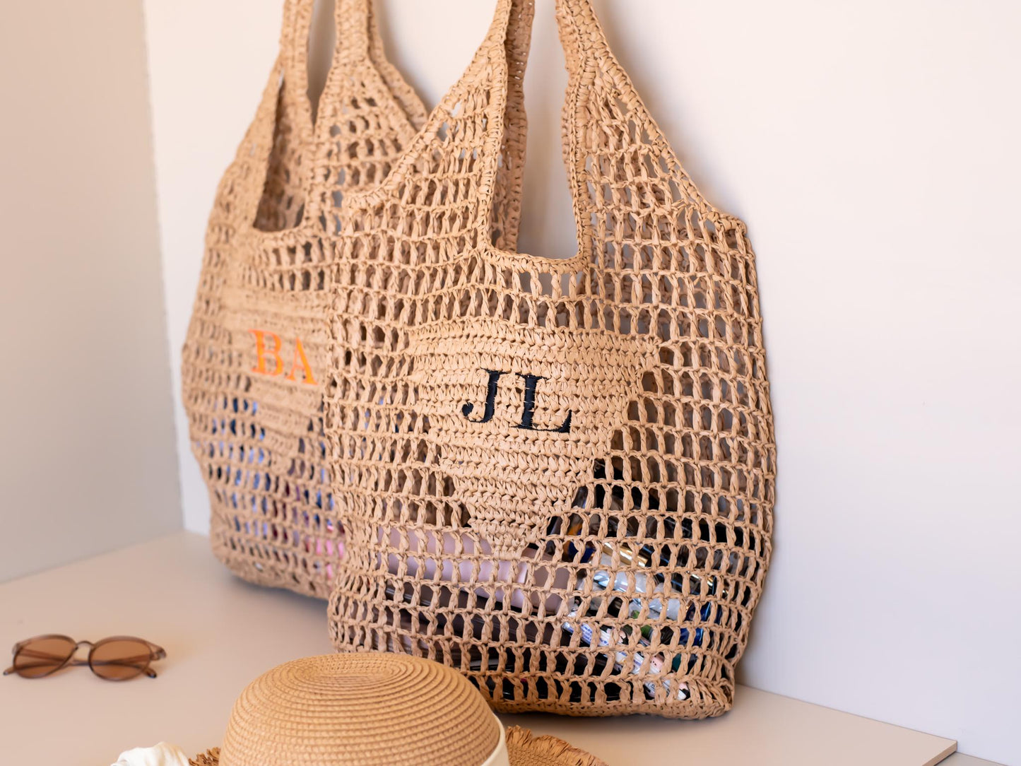 Personalized Raffia Beach Tote: Embroidered Initial Monogram
