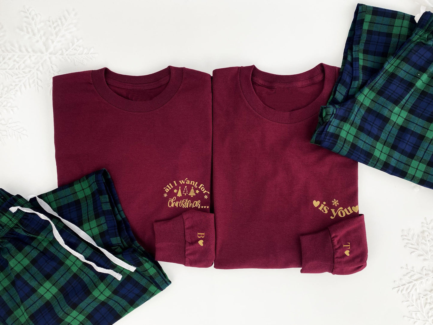 Couples Christmas Pyjamas: Matching Long Sleeve Tartan Set gingham green