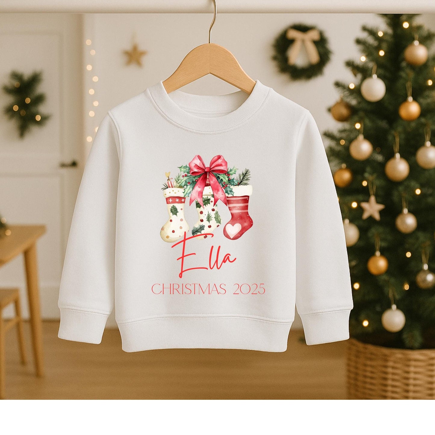 Personalized Christmas Jumper, Kids Xmas Sweater, Red Bow & Stocking