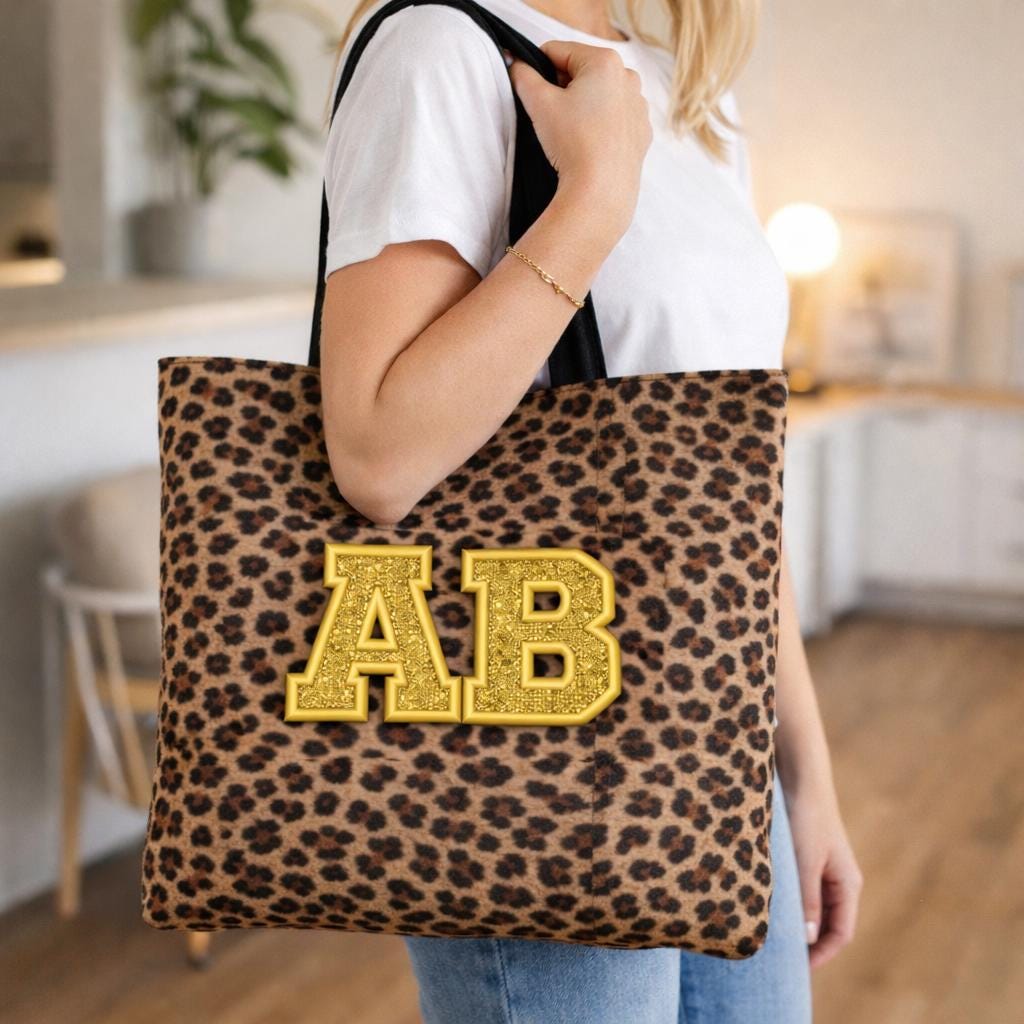 Embroidered Leopard Print Tote Bag | Custom Initial Glitter Applique
