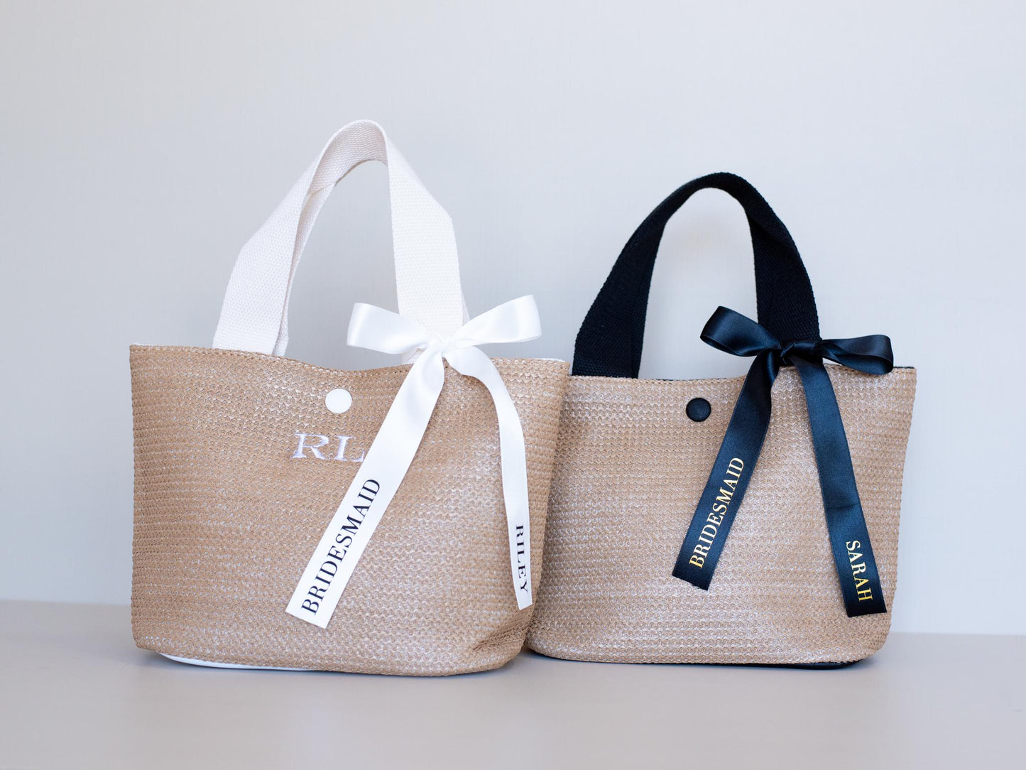 Bridesmaid Gift Bag – Personalized Embroidered Straw Tote, Custom Ribbon