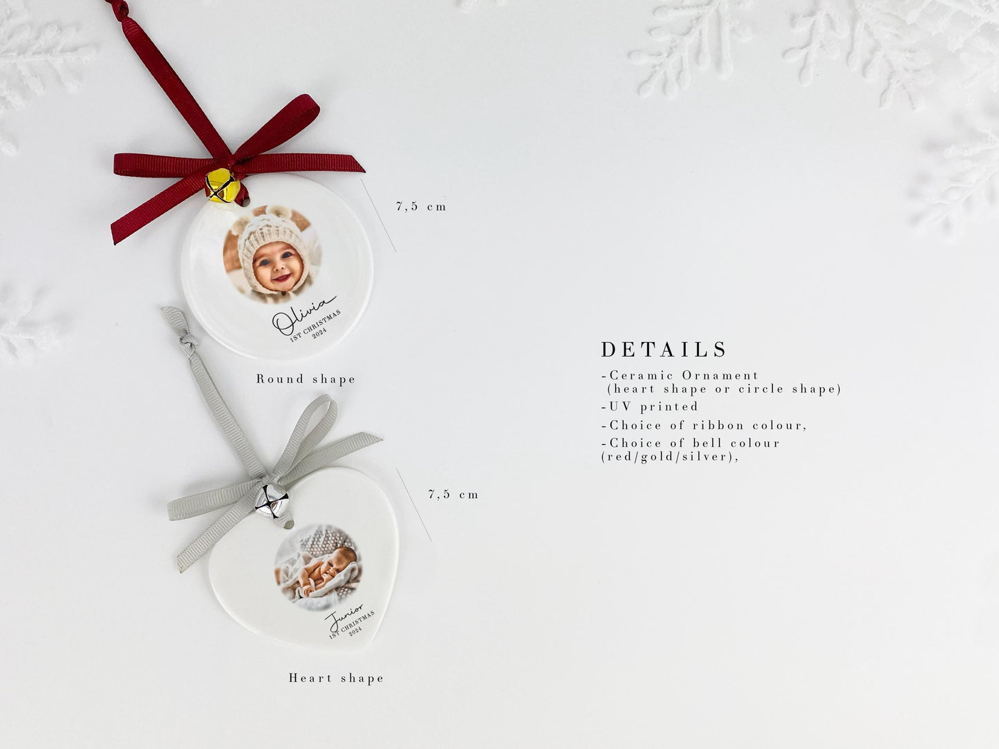 Personalized Baby's First Christmas Ornament: Watercolor Photo Ceramic Bauble
