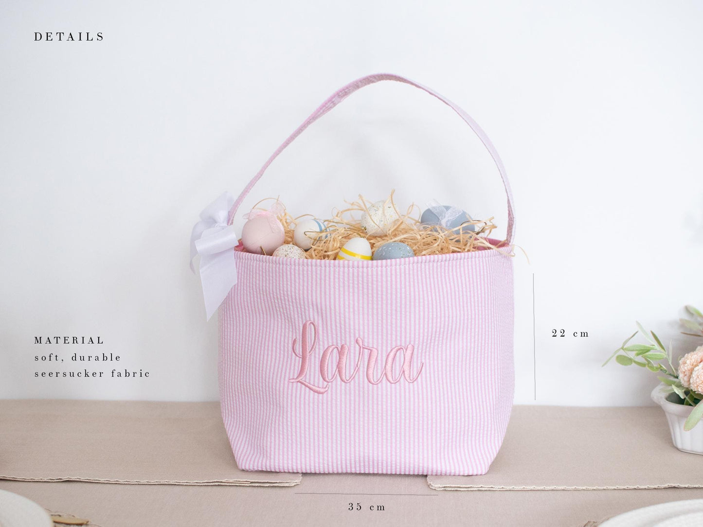 Personalized Kids Easter Basket: Embroidered Seersucker Fabric