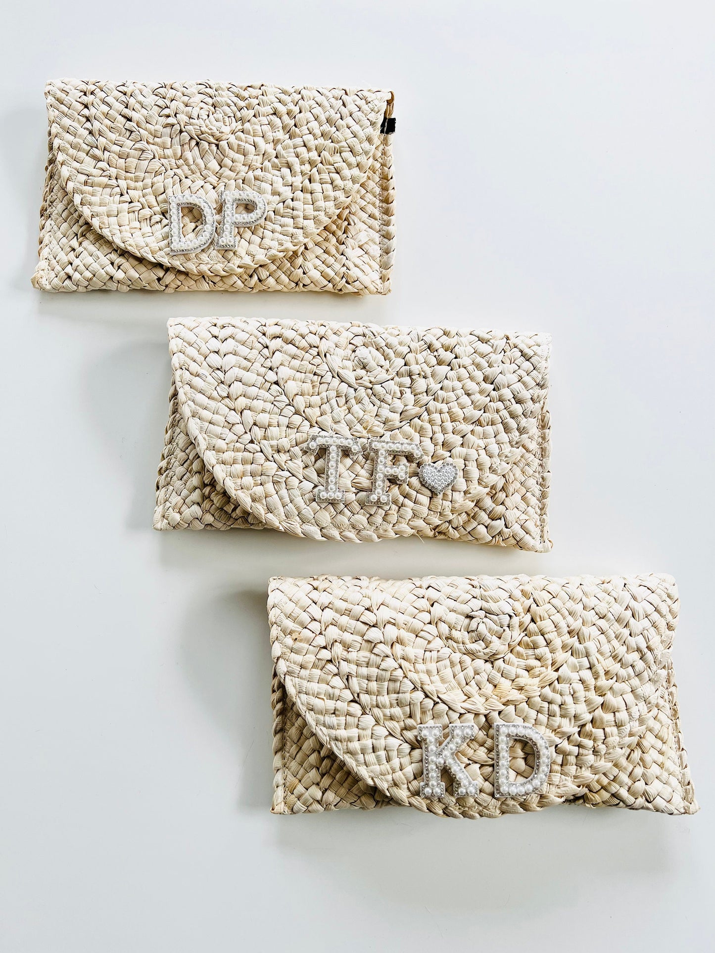 Personalized Straw Clutch | Bridesmaid Gift, Initial Pearl Detail