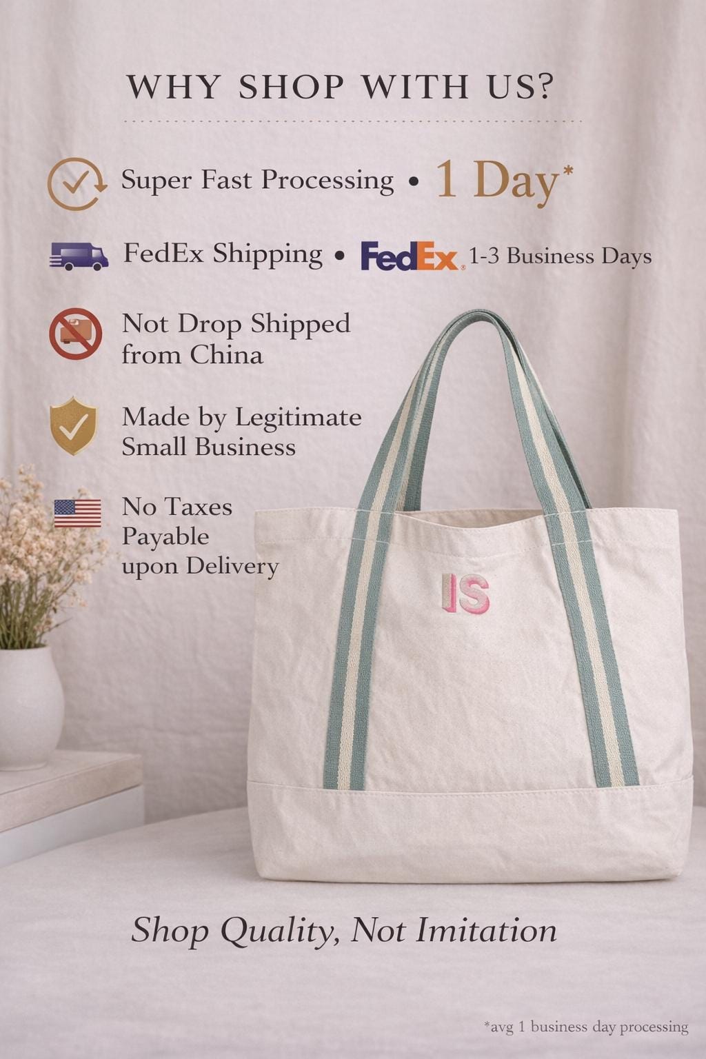 Embroidered Canvas Tote Bag, Monogram Initials, Striped Handles, Beach Bag