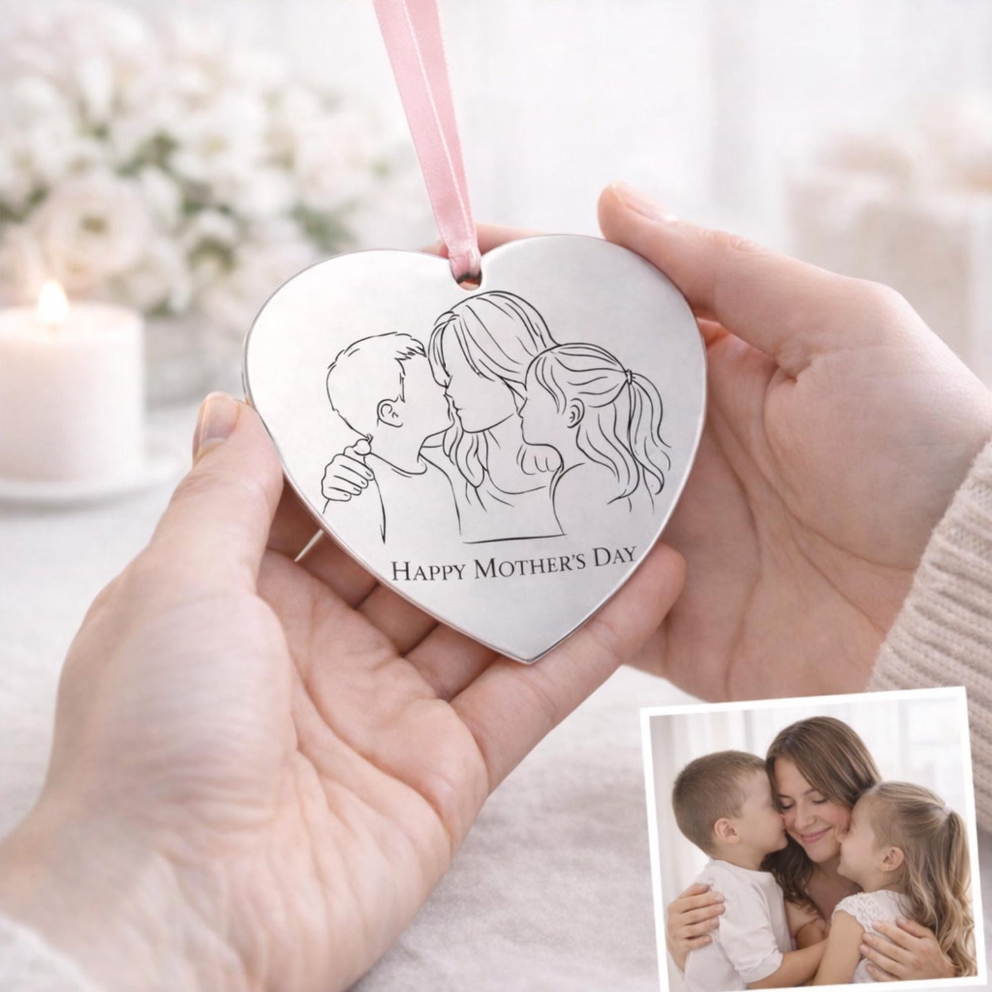 Personalized Photo Engraved Heart Ornament, Mother's Day Gift