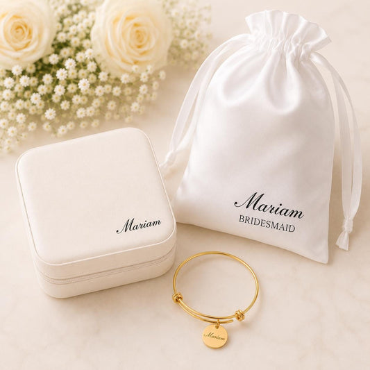 Personalized Bridesmaid Gift Set, Engraved Name Bracelet, Travel Jewelry Box