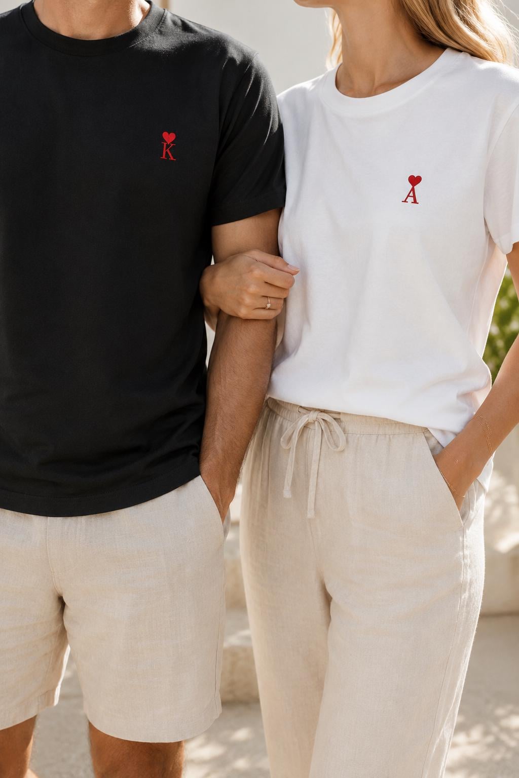 Matching Embroidered Couple Shirts | Personalized Initial T-Shirts | Hidden Message Neck Embroidery | Anniversary Gift for Couples