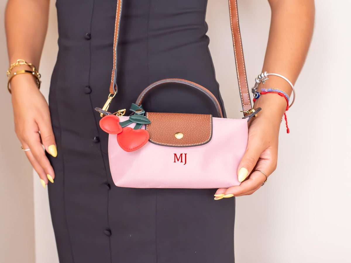 Personalized Mini Crossbody Bag: Embroidered Initial Nylon Tote with Charm