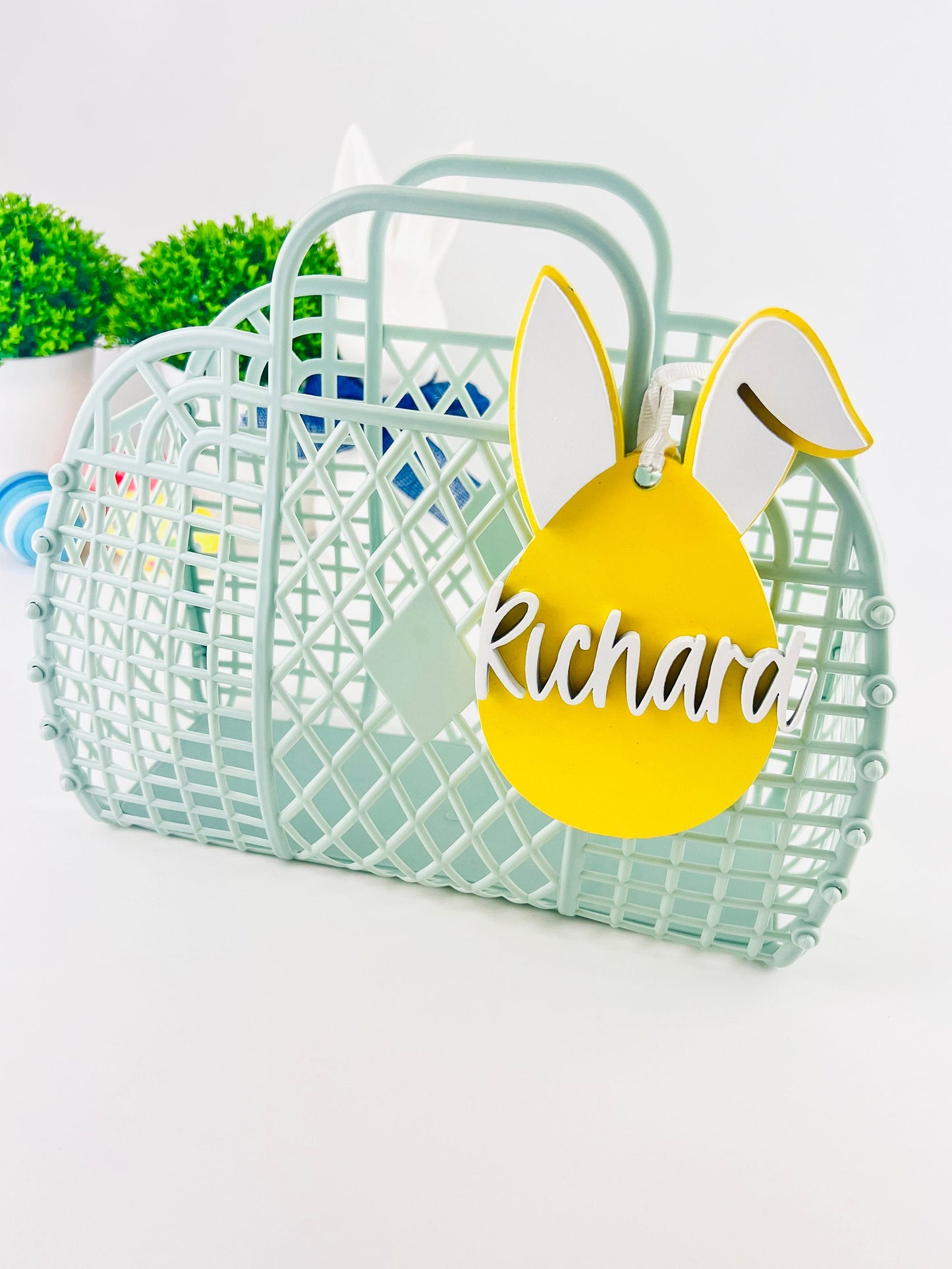 Personalized Easter Basket: Jelly Bag with Wooden Bunny Tag