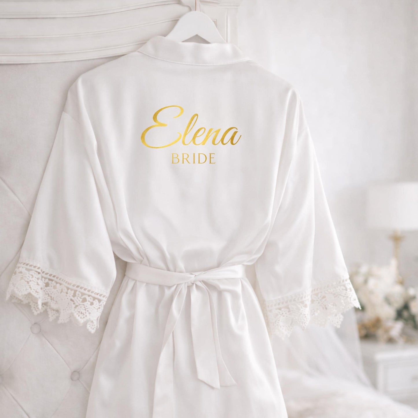 Custom Bridal Party Robes – Satin Wedding Getting Ready Kimono – Bride & Bridesmaid Gold Name Robe