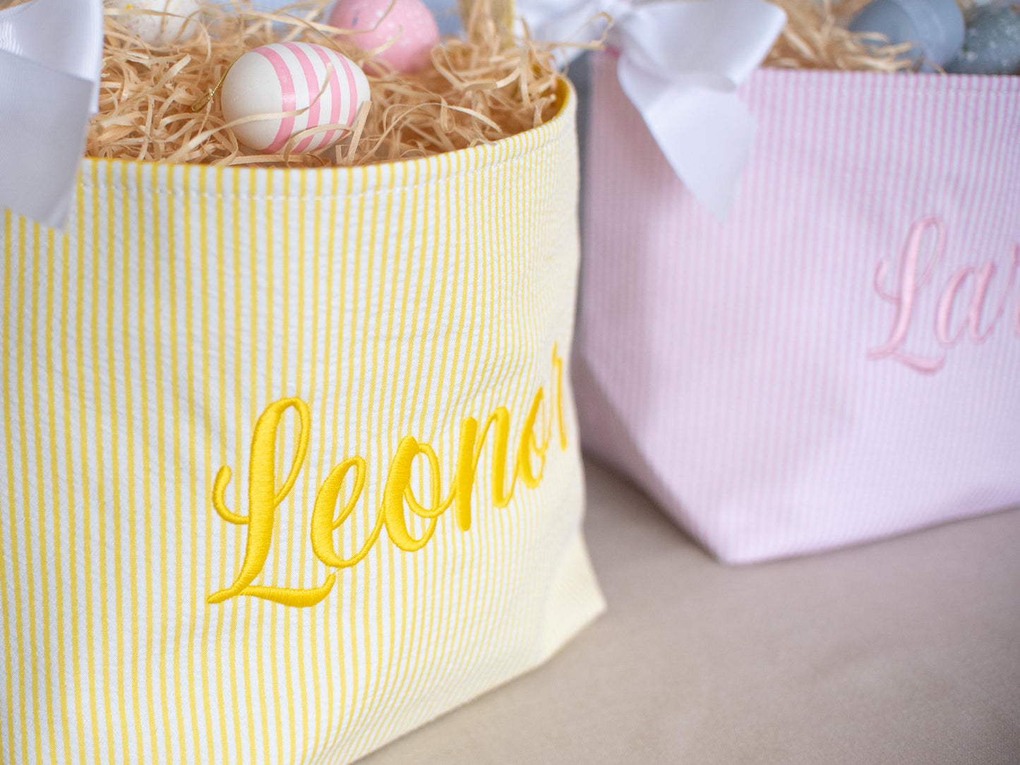 Personalized Easter Basket: Embroidered Seersucker Bunny Bucket