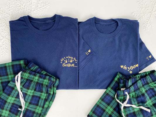 Couples Christmas Pyjamas: Initial Sleeve, Tartan Flannel Bottoms