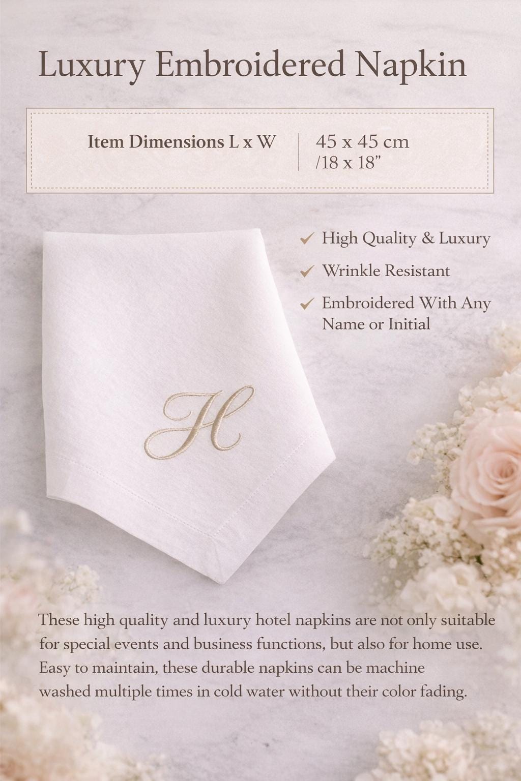 Wedding Table napkins Cotton with embroidered monogram or name. Set of 5, 50,100 bulk