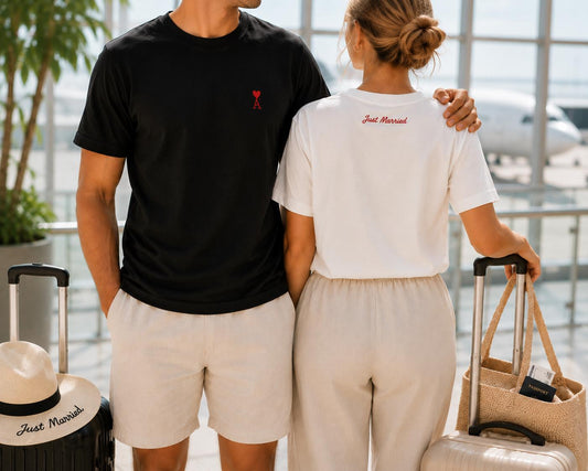 Embroidered Just Married Couple Shirts, Custom Honeymoon Outfit, Wedding Gift