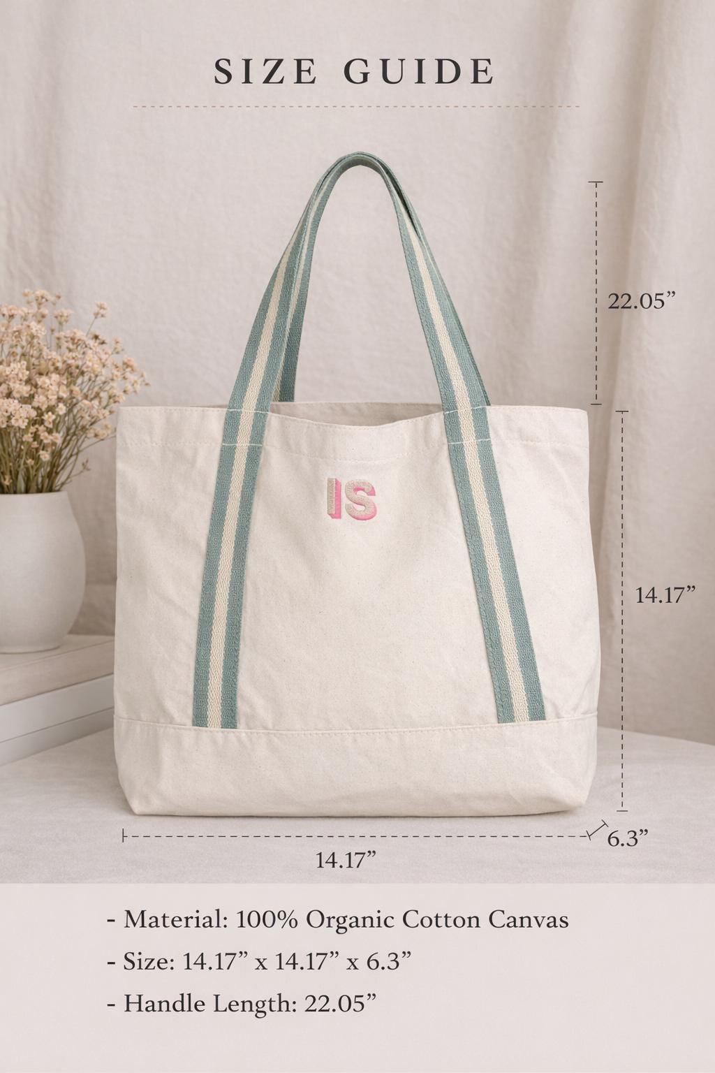 Embroidered Canvas Tote Bag, Monogram Initials, Striped Handles, Beach Bag